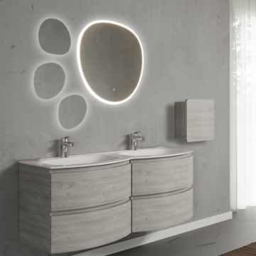 Set mobilier de baie suspendat, cu lavoar dublu incastrat, oglinda, corp suspendat, 140 cm, imitatie lemn, finisaj mat, Armonia, SaviniDue