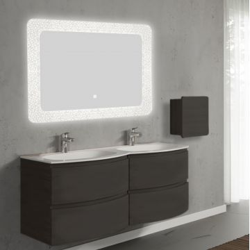 Set mobilier de baie suspendat, cu lavoar dublu incastrat, oglinda LED, corp suspendat, 140 cm, gri inchis, finisaj mat, Armonia, SaviniDue