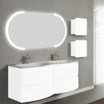 Set mobilier de baie suspendat, cu lavoar dublu incastrat, oglinda LED si 2 corpuri suspendate, 140 cm, alb, finisaj lucios, Armonia, SaviniDue