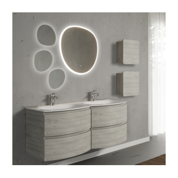 Set mobilier de baie suspendat, cu lavoar dublu incastrat, oglinda si 2 corpuri suspendate, 140 cm, imitatie lemn, finisaj mat, Armonia, SaviniDue
