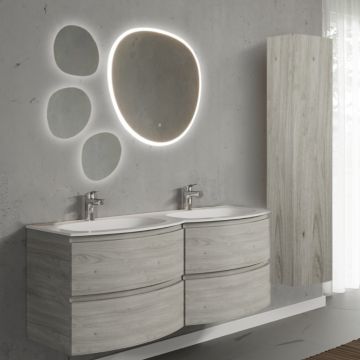 Set mobilier de baie suspendat, cu lavoar dublu incastrat, oglinda si coloana suspendata, 140 cm, imitatie lemn, finisaj mat, Armonia, SaviniDue
