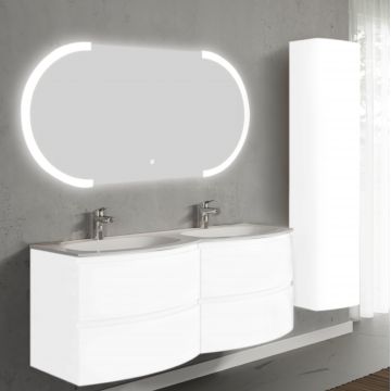 Set mobilier de baie suspendat, cu lavoar dublu incastrat, oglinda si dulap suspendata, 140 cm, alb, finisaj lucios, Armonia, SaviniDue