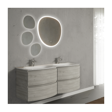 Set mobilier de baie suspendat, cu lavoar dublu incastrat si oglinda, 140 cm, imitatie lemn, finisaj mat, Armonia, SaviniDue
