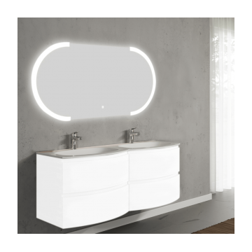 Set mobilier de baie suspendat, cu lavoar dublu incastrat si oglinda cu LED, 140 cm, alb, finisaj lucios, Armonia, SaviniDue