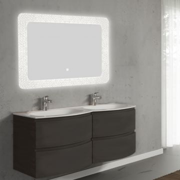 Set mobilier de baie suspendat, cu lavoar dublu incastrat si oglinda cu LED, 140 cm, gri inchis, finisaj mat, Armonia, SaviniDue