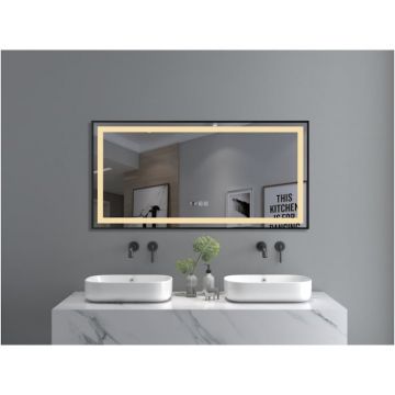 Oglinda baie cu iluminare LED 3 culori, intrerupator Touch, ceas, functie dezaburire, 120x60 cm, rama aluminiu neagra, Belform Infinity