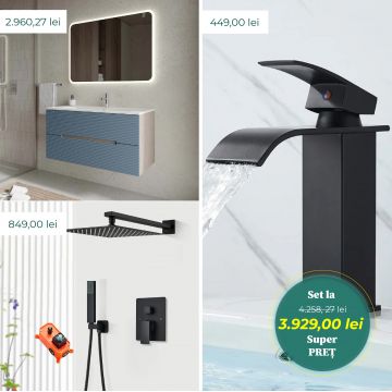 Set complet cu mobilier de baie albastru cu lavoar si oglinda, set de dus negru cu 2 functii si baterie pentru lavoar neagra