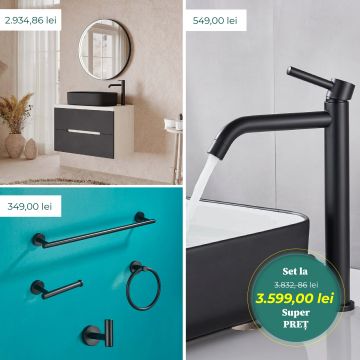 Set complet cu mobilier de baie cu lavoar si oglinda, baterie pe blat si accesorii, negru