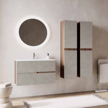 Set mobilier baie bej cu imitatie lemn, coloana suspendata, lavoar incastrat alb și oglindă, 80 cm, SaviniDue Eva