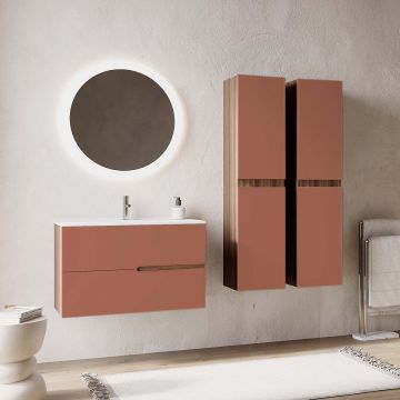 Set mobilier baie caramiziu cu imitatie lemn, coloana suspendata, lavoar incastrat alb și oglindă, 80 cm, SaviniDue Eva