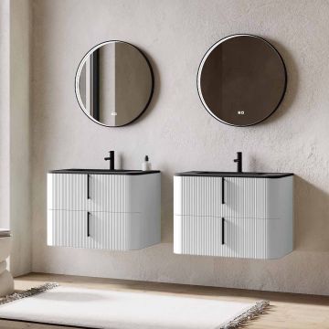 Set mobilier baie dublu suspendat alb mat, lavoar negru incastrat si oglinda, 160 cm, riflaj Cannetatto, SaviniDue Lyra