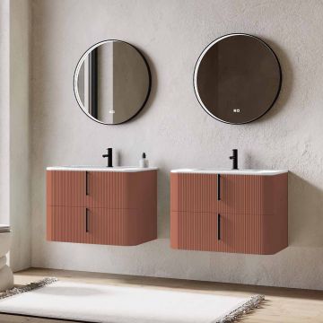 Set mobilier baie dublu suspendat caramiziu mat, lavoar alb incastrat si oglinda, 160 cm, riflaj Cannetatto, SaviniDue Lyra