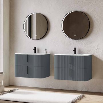 Set mobilier baie dublu suspendat gri mat, lavoar alb incastrat si oglinda, 160 cm, riflaj Cannetatto, SaviniDue Lyra