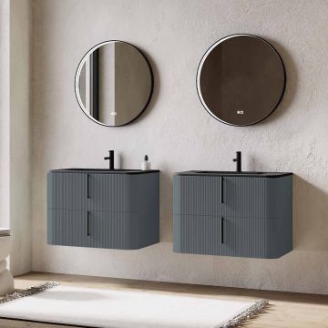 Set mobilier baie dublu suspendat gri mat, lavoar negru incastrat si oglinda, 160 cm, riflaj Cannetatto, SaviniDue Lyra