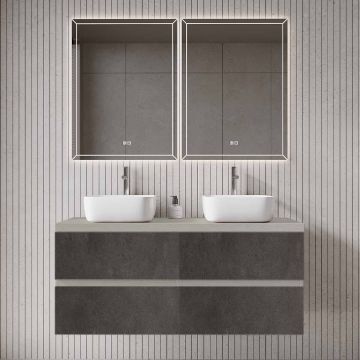 Set mobilier baie dublu suspendat gri urban cu imitatie lemn, lavoar alb pe blat si oglinda, 120 cm, SaviniDue Easy
