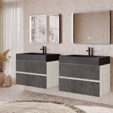 Set mobilier baie dublu suspendat gri urban cu stejar deschis, lavoar negru pe blat si oglinda, 160 cm, SaviniDue Easy