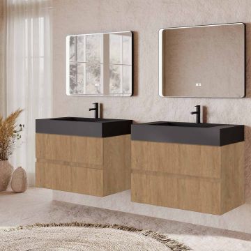 Set mobilier baie dublu suspendat imitatie lemn deschis, lavoar negru pe blat si oglinda, 160 cm, SaviniDue Easy