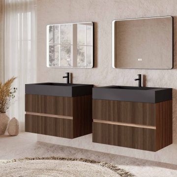 Set mobilier baie dublu suspendat imitatie lemn inchis, lavoar negru pe blat si oglinda, 160 cm, SaviniDue Easy