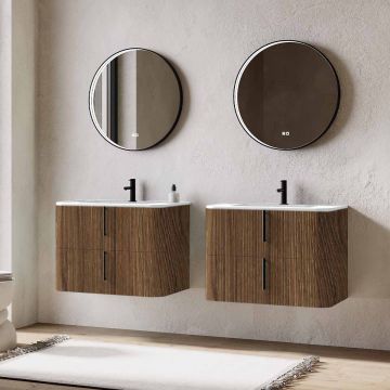 Set mobilier baie dublu suspendat imitatie lemn, lavoar alb incastrat si oglinda, 160 cm, riflaj Cannetatto, SaviniDue Lyra