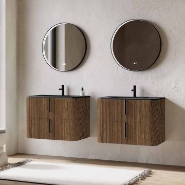Set mobilier baie dublu suspendat imitatie lemn, lavoar negru incastrat si oglinda, 160 cm, riflaj Cannetatto, SaviniDue Lyra