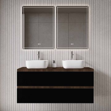 Set mobilier baie dublu suspendat negru mat cu imitatie lemn, lavoar alb pe blat si oglinda, 120 cm, SaviniDue Easy