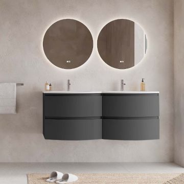 Set mobilier baie dublu suspendat negru mat, lavoar alb incastrat si oglinda, 140 cm, SaviniDue Armonia