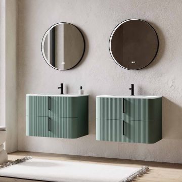 Set mobilier baie dublu suspendat verde italia, lavoar negru incastrat si oglinda, 160 cm, riflaj Cannetatto, SaviniDue Lyra