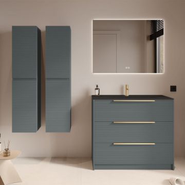 Set mobilier baie gri cu 2 coloane suspendate, lavoar incastrat negru mat și oglindă, cu riflaje Dogato, 100 cm, SaviniDue Iconica