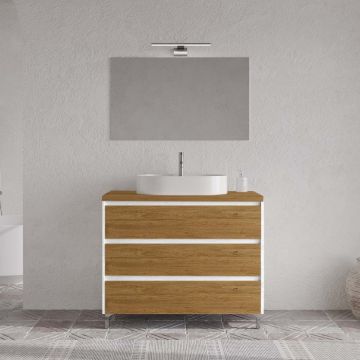 Set mobilier baie imitatie lemn cu alb, lavoar alb, lampa și oglindă, 100 cm, SaviniDue Lisbona