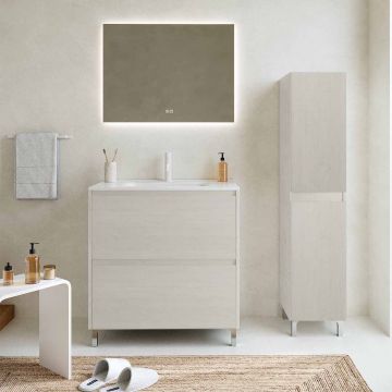 Set mobilier baie imitatie lemn gri, coloana, lavoar incastrat alb și oglindă, 80 cm, SaviniDue Lisbona