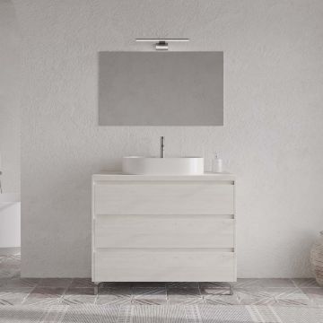 Set mobilier baie imitatie lemn gri, lavoar alb, lampa și oglindă, 100 cm, SaviniDue Lisbona