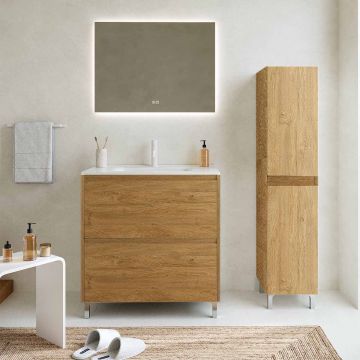 Set mobilier baie imitatie lemn natur, coloana, lavoar incastrat alb și oglindă, 80 cm, SaviniDue Lisbona