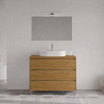 Set mobilier baie imitatie lemn natur, lavoar alb, lampa și oglindă, 100 cm, SaviniDue Lisbona