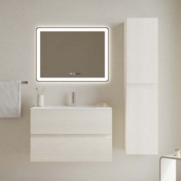 Set mobilier baie stejar deschis cu coloana suspendata, lavoar incastrat alb și oglindă, 100 cm, SaviniDue Easy