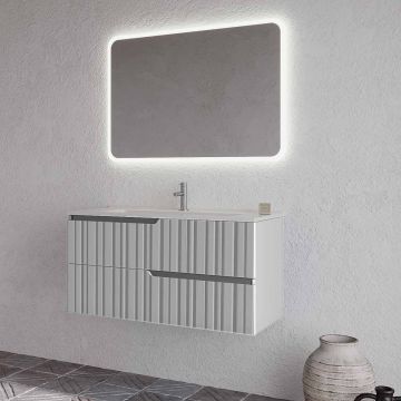 Set mobilier baie suspendat alb mat cu lavoar alb și oglindă, 100 cm, cu riflaje Plissetatto, SaviniDue Winter
