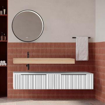 Set mobilier baie suspendat alb mat cu lavoar imitație lemn și oglindă, cu riflaje Plissetatto, 160 cm, SaviniDue Iconica
