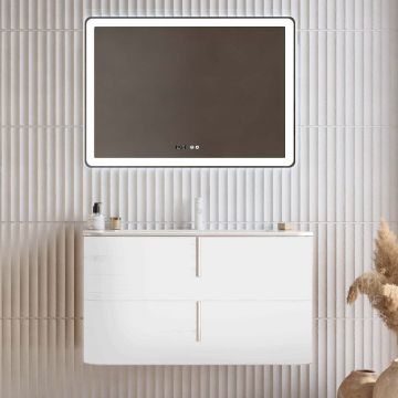 Set mobilier baie suspendat alb mat, lavoar alb mat, oglinda, 100 cm, SaviniDue Lyra