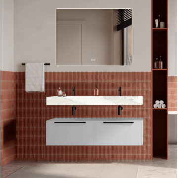 Set mobilier baie suspendat alb mat, lavoar alb  si oglinda, manere negre, 120 cm, SaviniDue Iconica