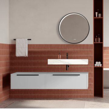 Set mobilier baie suspendat alb mat, lavoar alb si oglinda rotunda, manere negre, 140 cm, SaviniDue Iconica