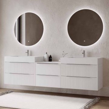 Set mobilier baie suspendat alb mat, lavoar dublu alb mat pe blat și 2 oglinzi, cu riflaje Cannetatto, 220 cm, SaviniDue Iconica