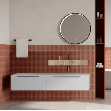 Set mobilier baie suspendat alb mat, lavoar imitatie lemn si oglinda rotunda, manere negre, 140 cm, SaviniDue Iconica