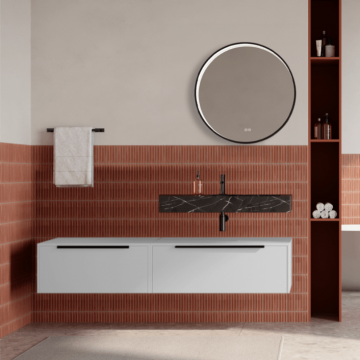 Set mobilier baie suspendat alb mat, lavoar negru si oglinda rotunda, manere negre, 140 cm, SaviniDue Iconica