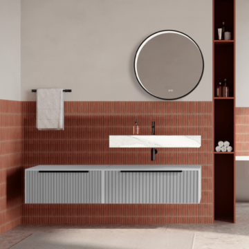 Set mobilier baie suspendat alb mat, riflaje Cannetatto, lavoar alb si oglinda rotunda, manere negre, 140 cm, SaviniDue Iconica