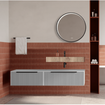 Set mobilier baie suspendat alb mat, riflaje Cannetatto, lavoar imitatie lemn si oglinda rotunda, manere negre, 140 cm, SaviniDue Iconica