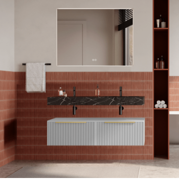 Set mobilier baie suspendat alb mat, riflaje Cannetatto, lavoar negru si oglinda, manere aurii, 120 cm, SaviniDue Iconica