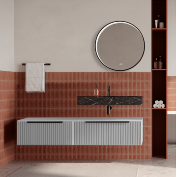 Set mobilier baie suspendat alb mat, riflaje Cannetatto, lavoar negru si oglinda rotunda, manere negre, 140 cm, SaviniDue Iconica