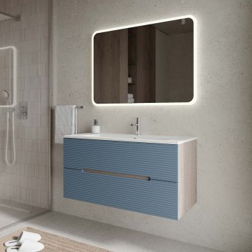 Set mobilier baie suspendat albastru mat cu imitatie lemn, lavoar alb și oglindă, 100 cm, cu riflaj Dogato SaviniDue Iris