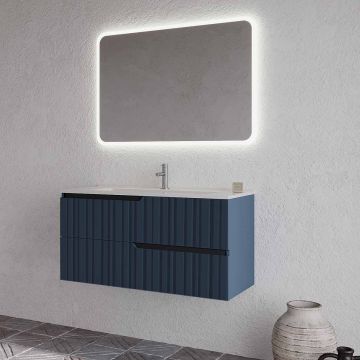 Set mobilier baie suspendat albastru mat cu lavoar alb și oglindă, 100 cm, cu riflaj Plissetatto SaviniDue Winter