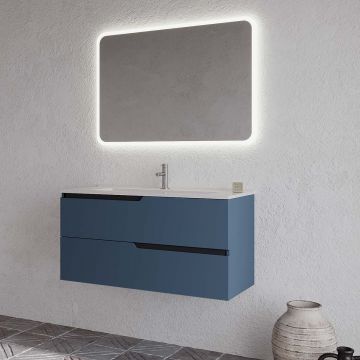 Set mobilier baie suspendat albastru mat cu lavoar alb și oglindă, 100 cm, SaviniDue Winter