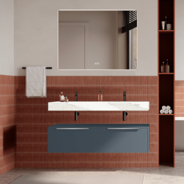 Set mobilier baie suspendat albastru mat, lavoar alb si oglinda, manere din otel inoxidabil, 120 cm, SaviniDue Iconica